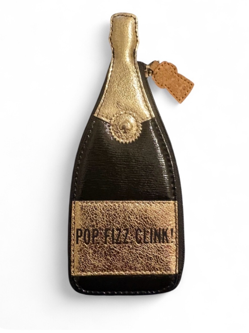 Kate Spade Champagne Bottle Leather Pouch - Gold and Black